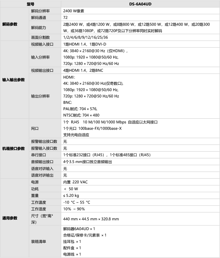 DS-6A00UD规格参数